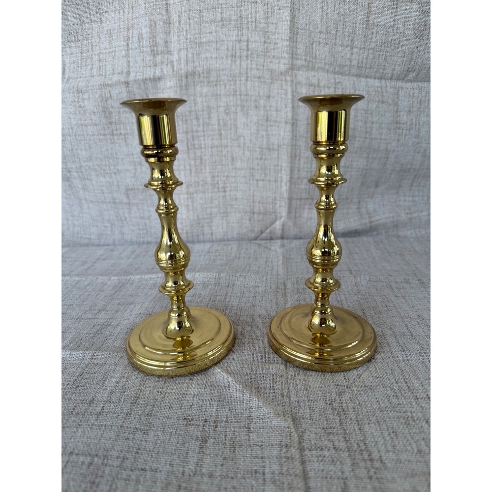 Baldwin Candlestick Set 7in Gold Excellent Polished Solid Brass Forged USA